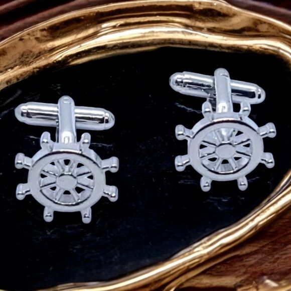 Men's Ship Helm Wheel Stainless Cufflinks Tuxedo Formal Cuff Links Nautical - Picture 1 of 5